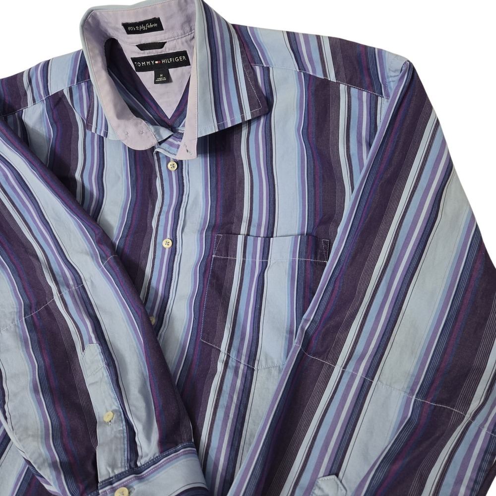 Tommy Hilfiger Shirt Men's M Blue Purpl Striped Long Sleeve Button Up 80's 2 Ply - Picture 15 of 15